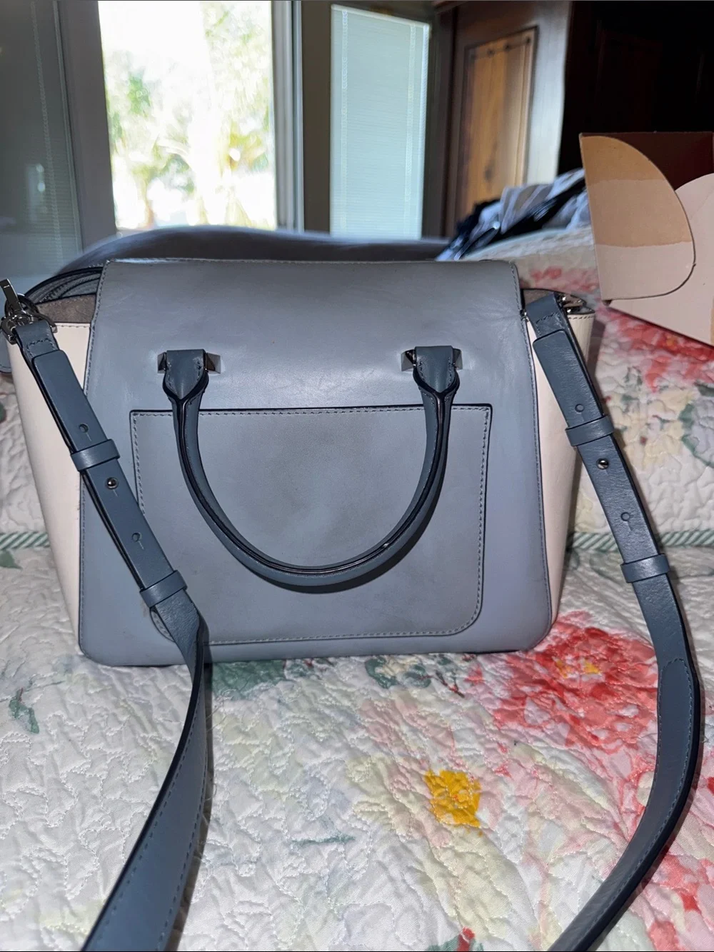 Michael Kors Gray and Cream Leather Satchel with Silver Hardware